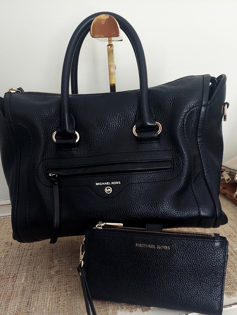 Michael Kors Black Pebbled Leather Satchel with Wristlet